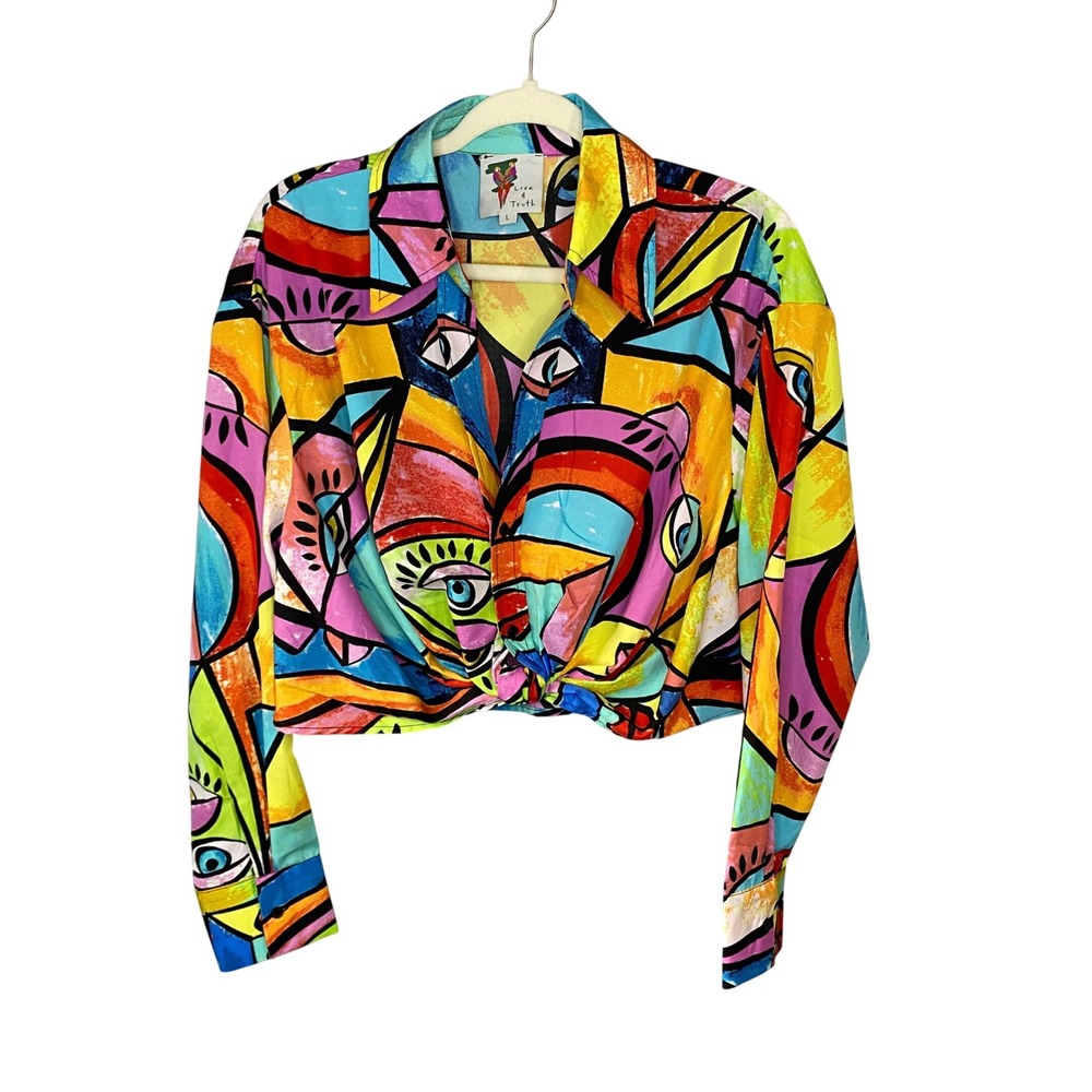 Live 4 Truth Abstract Face Print Cropped‎ Front Knot Button Down Shirt L Multi